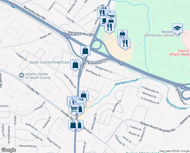 map of restaurants, bars, coffee shops, grocery stores, and more near 312 Martigney Drive in St. Louis