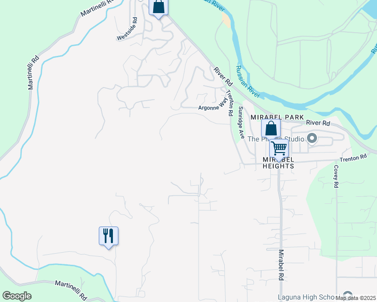 map of restaurants, bars, coffee shops, grocery stores, and more near 7880 Giusti Road in Forestville