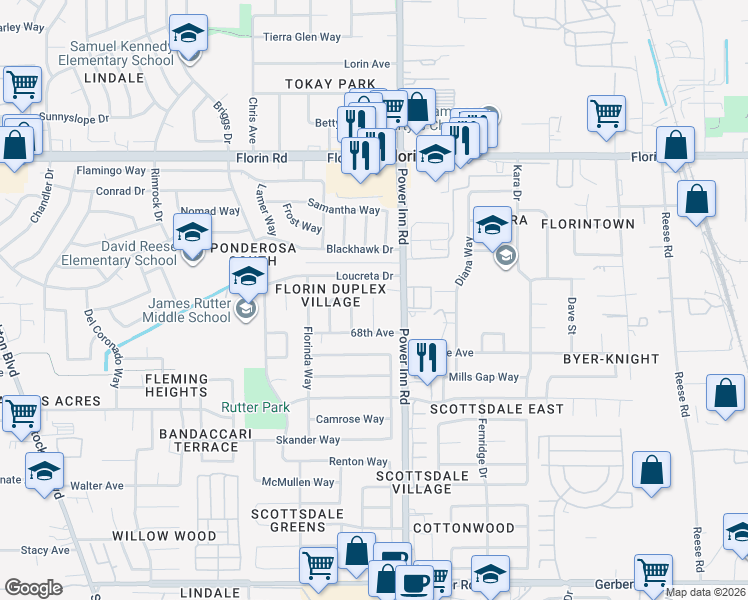 map of restaurants, bars, coffee shops, grocery stores, and more near Gigi Pl in Sacramento