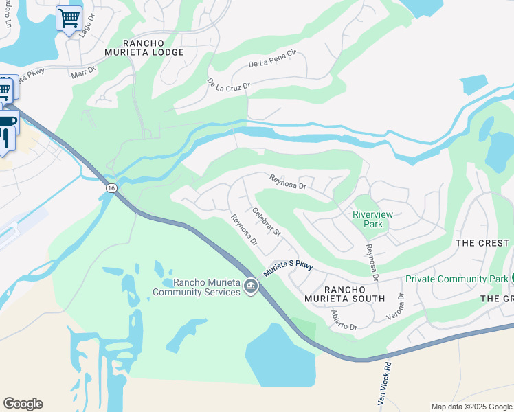 map of restaurants, bars, coffee shops, grocery stores, and more near 15147 Celebrar Street in Rancho Murieta