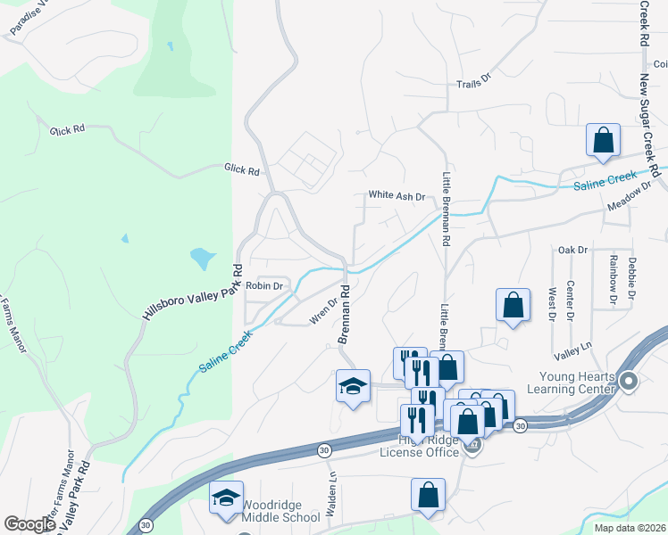map of restaurants, bars, coffee shops, grocery stores, and more near 2 Hawk Court in High Ridge