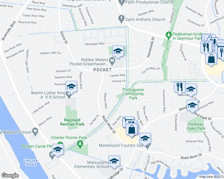 map of restaurants, bars, coffee shops, grocery stores, and more near 22 Hidden Cove Circle in Sacramento