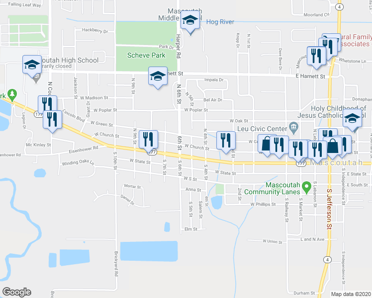 map of restaurants, bars, coffee shops, grocery stores, and more near 500 West Church Street in Mascoutah
