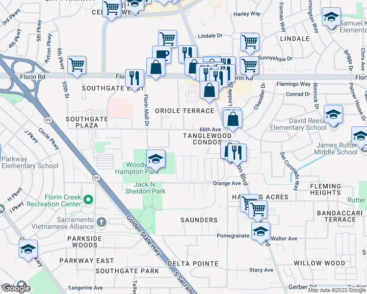 map of restaurants, bars, coffee shops, grocery stores, and more near 6254 66th Avenue in Sacramento