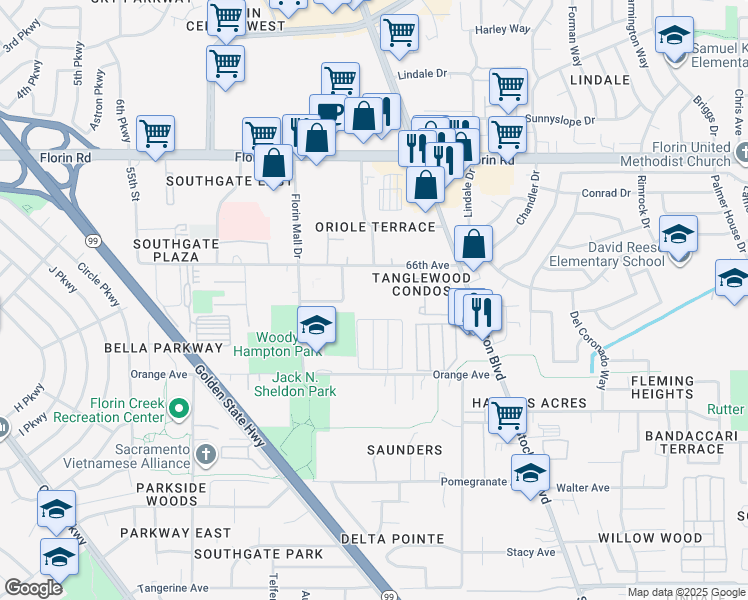 map of restaurants, bars, coffee shops, grocery stores, and more near 6254 66th Avenue in Sacramento