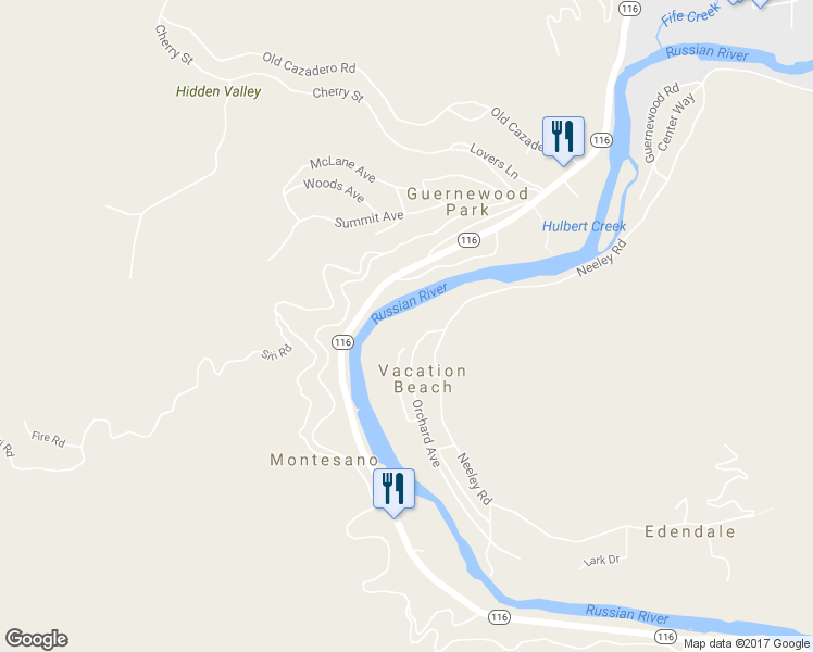 map of restaurants, bars, coffee shops, grocery stores, and more near 17426 Orchard Avenue in Guerneville
