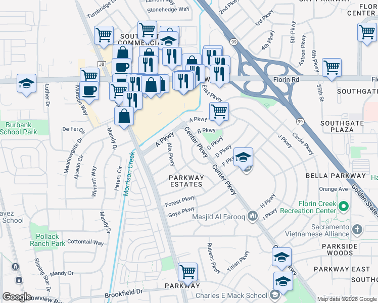 map of restaurants, bars, coffee shops, grocery stores, and more near 7412 Court Parkway in Sacramento