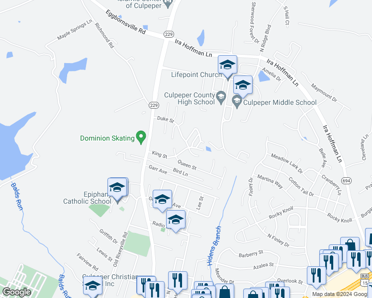 map of restaurants, bars, coffee shops, grocery stores, and more near 205 Duke Street in Culpeper