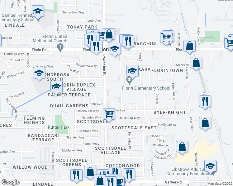 map of restaurants, bars, coffee shops, grocery stores, and more near 8140 Addie Avenue in Sacramento