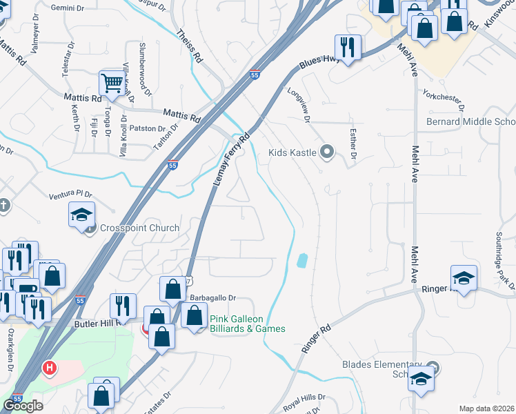 map of restaurants, bars, coffee shops, grocery stores, and more near 4824 Christoble Drive in St. Louis