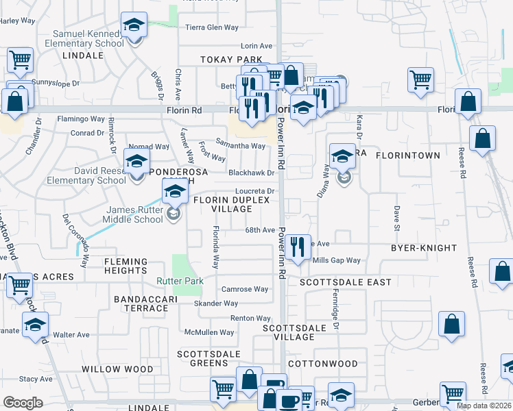 map of restaurants, bars, coffee shops, grocery stores, and more near 7331 Gigi Place in Sacramento