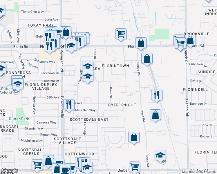 map of restaurants, bars, coffee shops, grocery stores, and more near 8212 Bruns Way in Sacramento