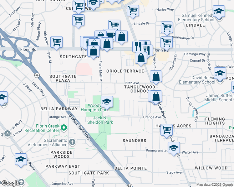 map of restaurants, bars, coffee shops, grocery stores, and more near 6131 Center Mall Way in Sacramento