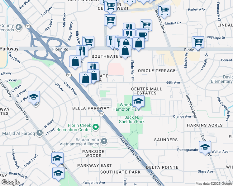 map of restaurants, bars, coffee shops, grocery stores, and more near 7322 Florin Woods Drive in Sacramento