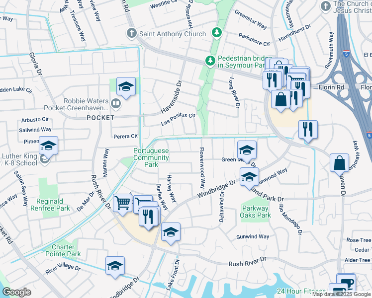 map of restaurants, bars, coffee shops, grocery stores, and more near 5 Bethel Court in Sacramento