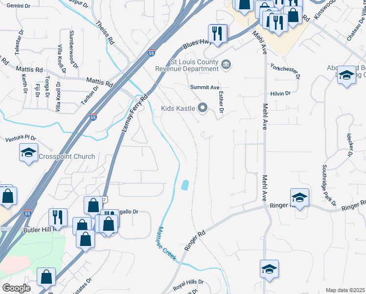 map of restaurants, bars, coffee shops, grocery stores, and more near 25 Kassebaum Lane in St. Louis