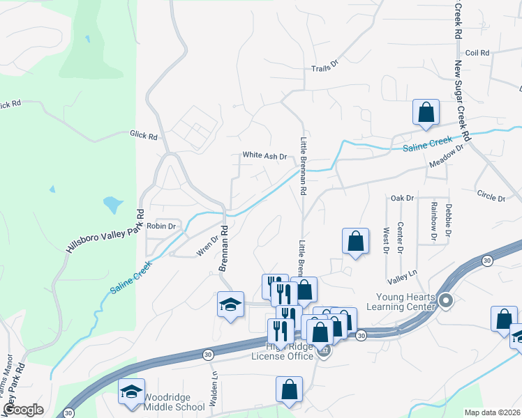 map of restaurants, bars, coffee shops, grocery stores, and more near 4678 Brennan Woods Drive in High Ridge