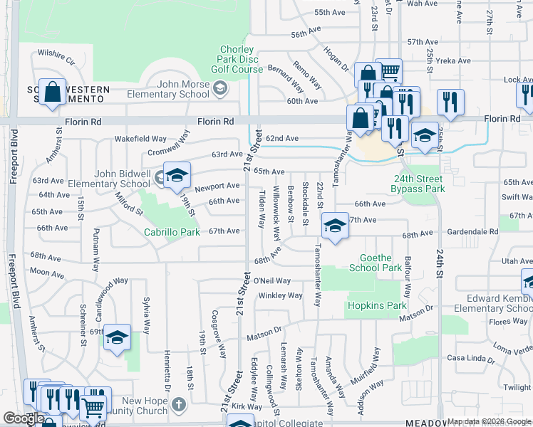 map of restaurants, bars, coffee shops, grocery stores, and more near 7349 Tilden Way in Sacramento