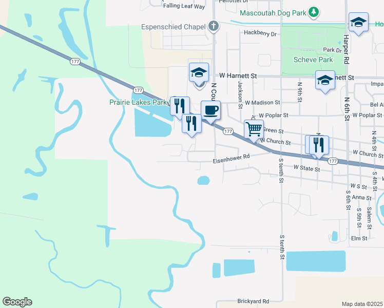 map of restaurants, bars, coffee shops, grocery stores, and more near 1415 Eisenhower Road in Mascoutah