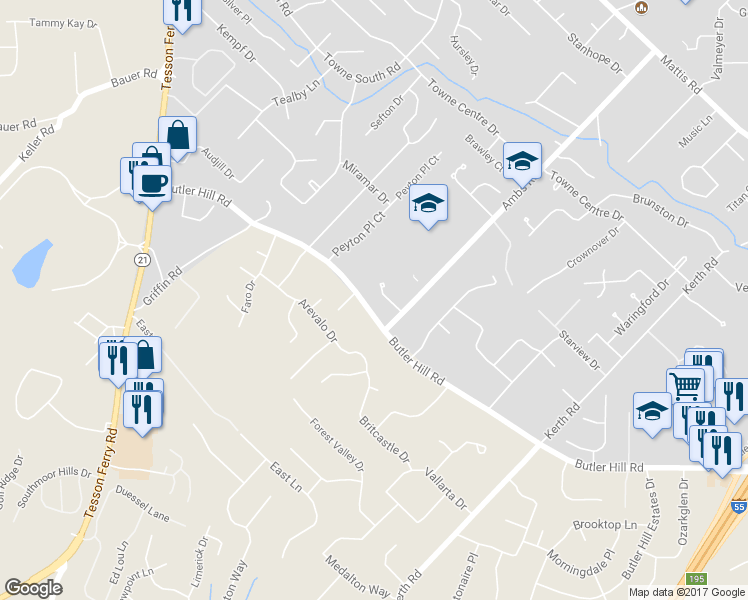 map of restaurants, bars, coffee shops, grocery stores, and more near 4722 Butler Crossing Court in St. Louis