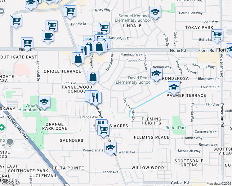 map of restaurants, bars, coffee shops, grocery stores, and more near 7408 Lindale Drive in Sacramento