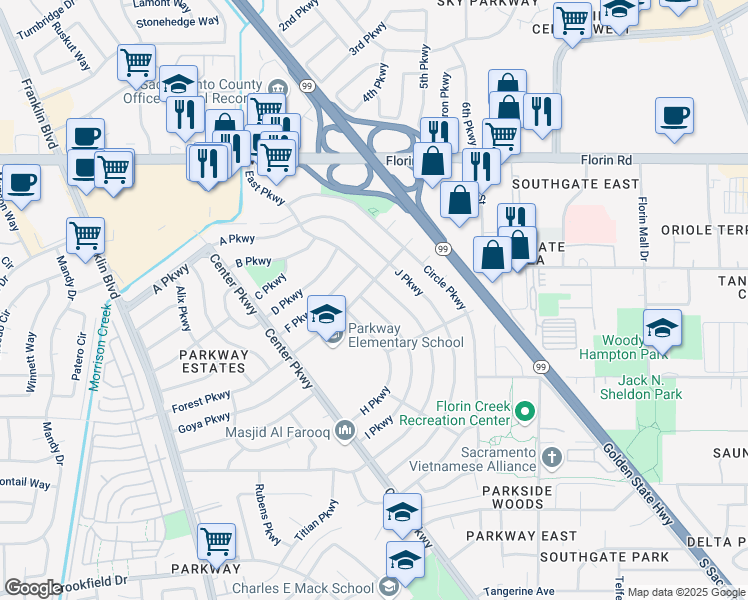 map of restaurants, bars, coffee shops, grocery stores, and more near 5032 I Parkway in Sacramento