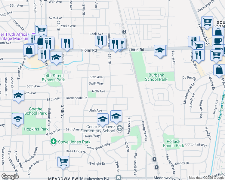 map of restaurants, bars, coffee shops, grocery stores, and more near 2911 Silk Court in Sacramento