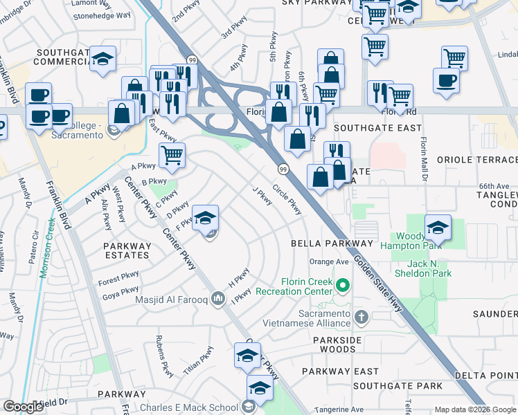 map of restaurants, bars, coffee shops, grocery stores, and more near 7421 East Parkway in Sacramento
