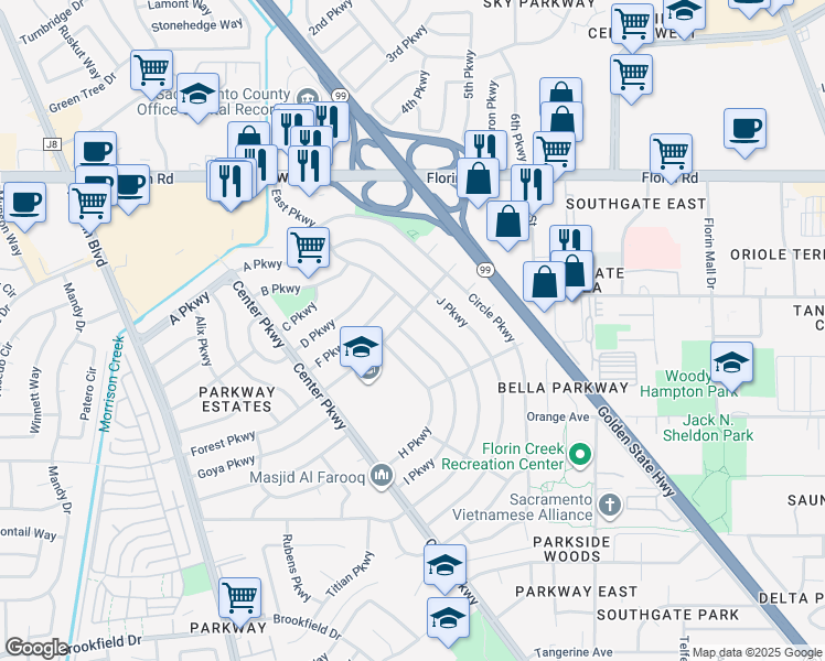 map of restaurants, bars, coffee shops, grocery stores, and more near 5032 I Parkway in Sacramento