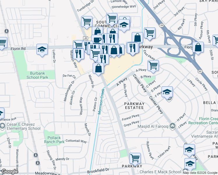 map of restaurants, bars, coffee shops, grocery stores, and more near 7325 Franklin Boulevard in Sacramento