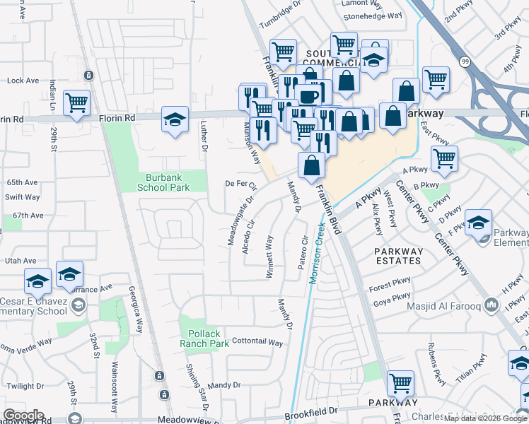 map of restaurants, bars, coffee shops, grocery stores, and more near 7309 Alcedo Circle in Sacramento