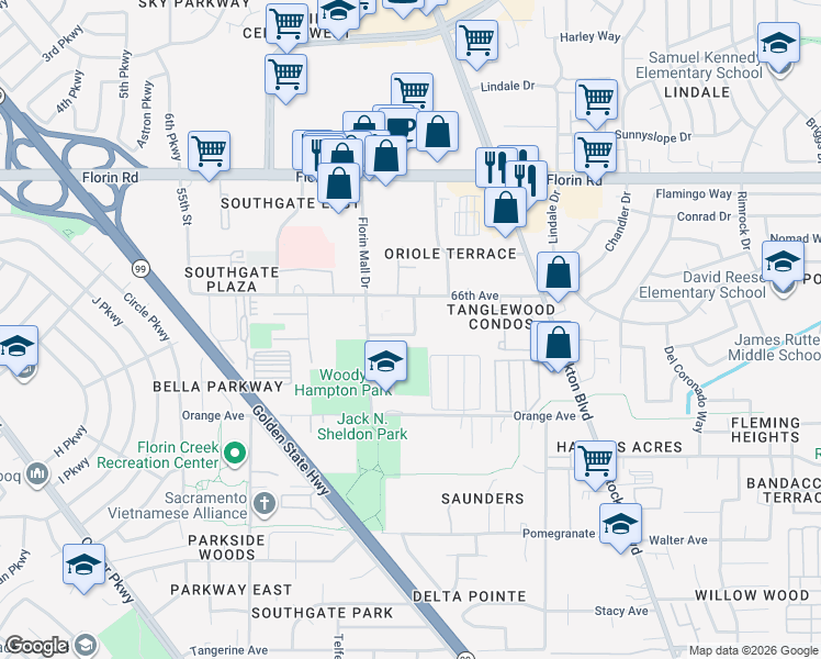 map of restaurants, bars, coffee shops, grocery stores, and more near 6131 Center Mall Way in Sacramento