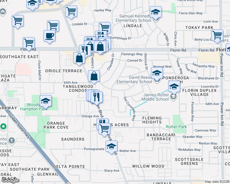 map of restaurants, bars, coffee shops, grocery stores, and more near 7408 Lindale Drive in Sacramento