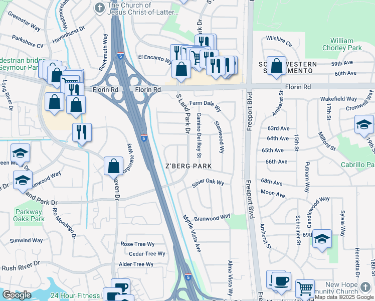 map of restaurants, bars, coffee shops, grocery stores, and more near 7313 Barr Way in Sacramento