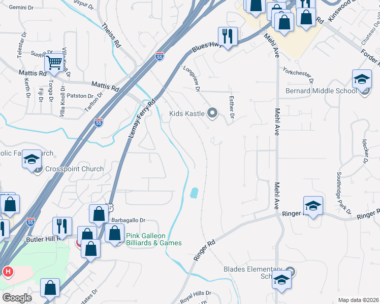 map of restaurants, bars, coffee shops, grocery stores, and more near 25 Kassebaum Lane in St. Louis