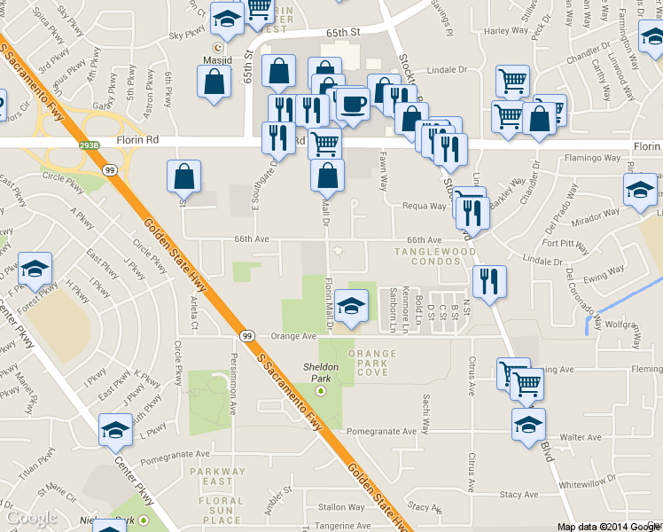 map of restaurants, bars, coffee shops, grocery stores, and more near 6101 Center Mall Way in Sacramento