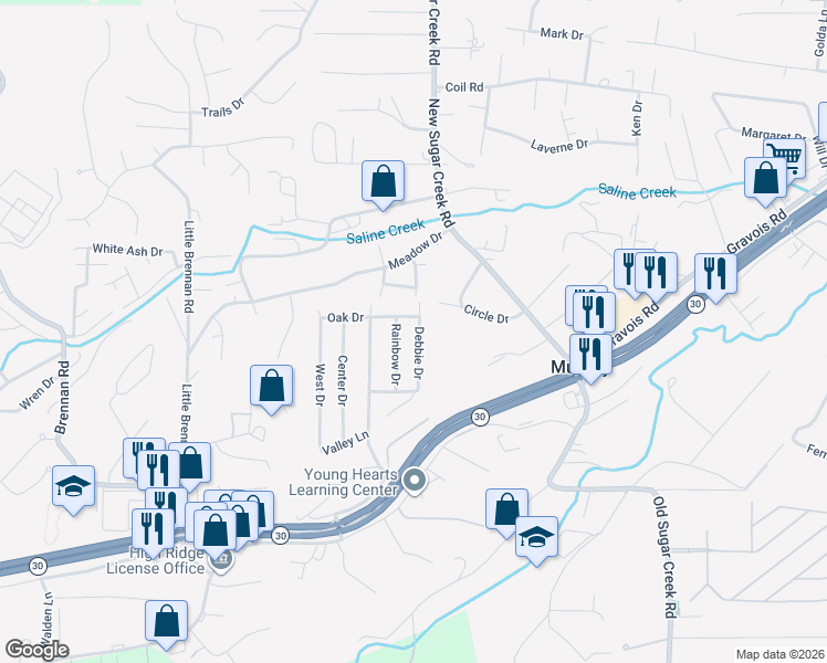 map of restaurants, bars, coffee shops, grocery stores, and more near 1805 Debbie Drive in High Ridge