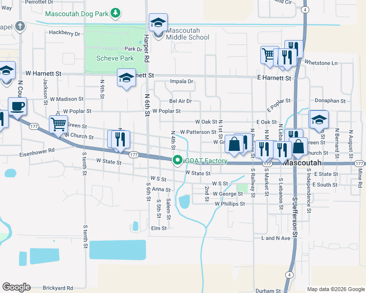 map of restaurants, bars, coffee shops, grocery stores, and more near 317 West Church Street in Mascoutah