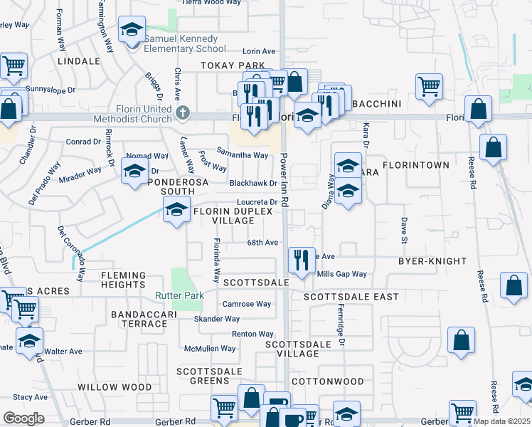 map of restaurants, bars, coffee shops, grocery stores, and more near 7331 Gigi Place in Sacramento