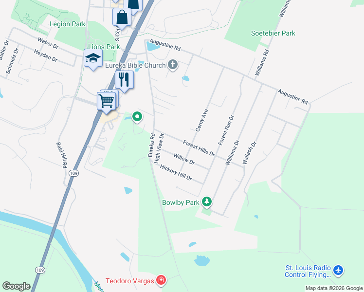 map of restaurants, bars, coffee shops, grocery stores, and more near 61 Forest Hills Dr in Eureka