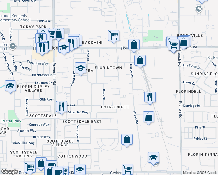 map of restaurants, bars, coffee shops, grocery stores, and more near 8261 Vida Court in Sacramento