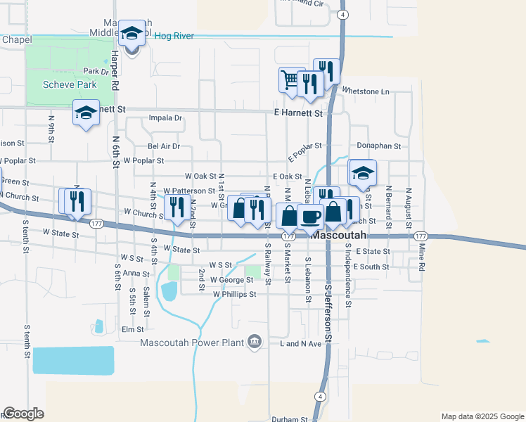 map of restaurants, bars, coffee shops, grocery stores, and more near 3 West Church Street in Mascoutah