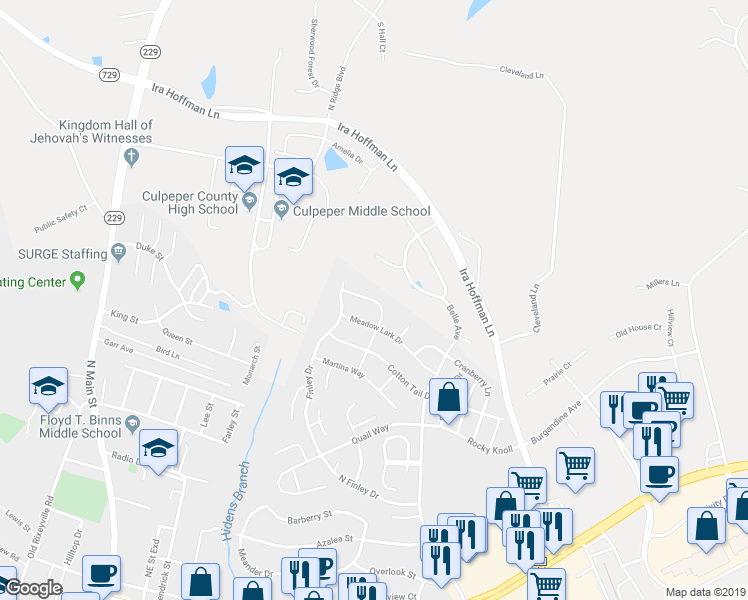 map of restaurants, bars, coffee shops, grocery stores, and more near 2041 Gold Finch Drive in Culpeper