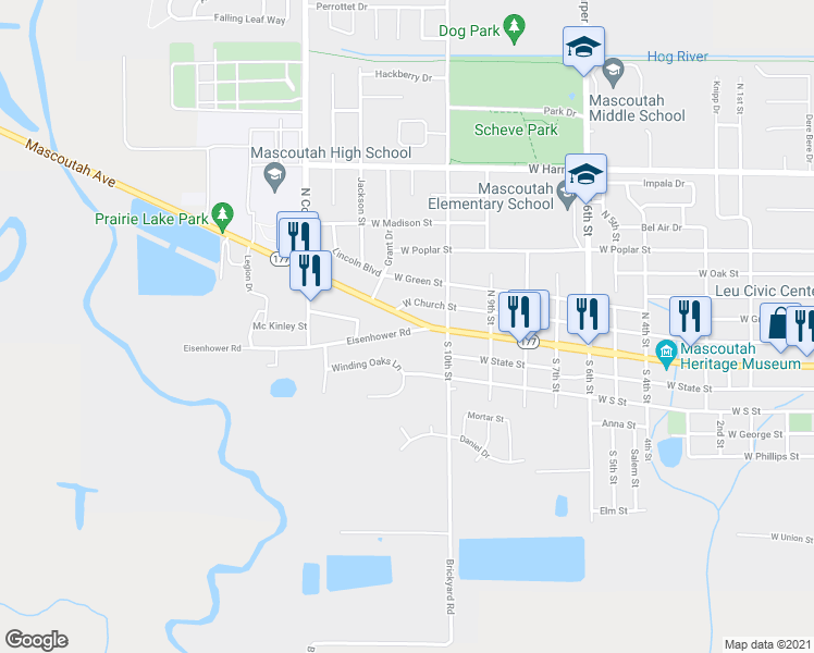 map of restaurants, bars, coffee shops, grocery stores, and more near 1034 West Main Street in Mascoutah
