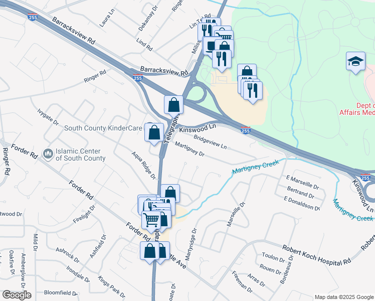 map of restaurants, bars, coffee shops, grocery stores, and more near 312 Martigney Drive in St. Louis