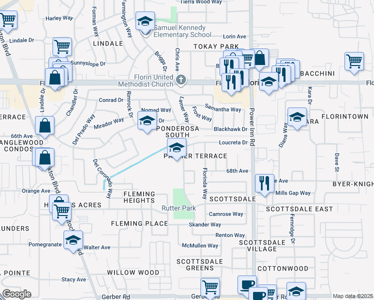 map of restaurants, bars, coffee shops, grocery stores, and more near 7600 Loucreta Drive in Sacramento