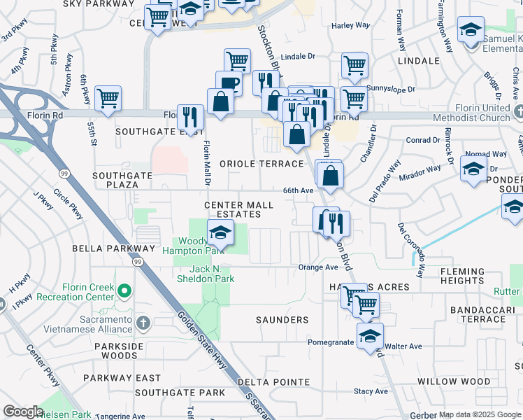 map of restaurants, bars, coffee shops, grocery stores, and more near 6254 66th Ave in Sacramento