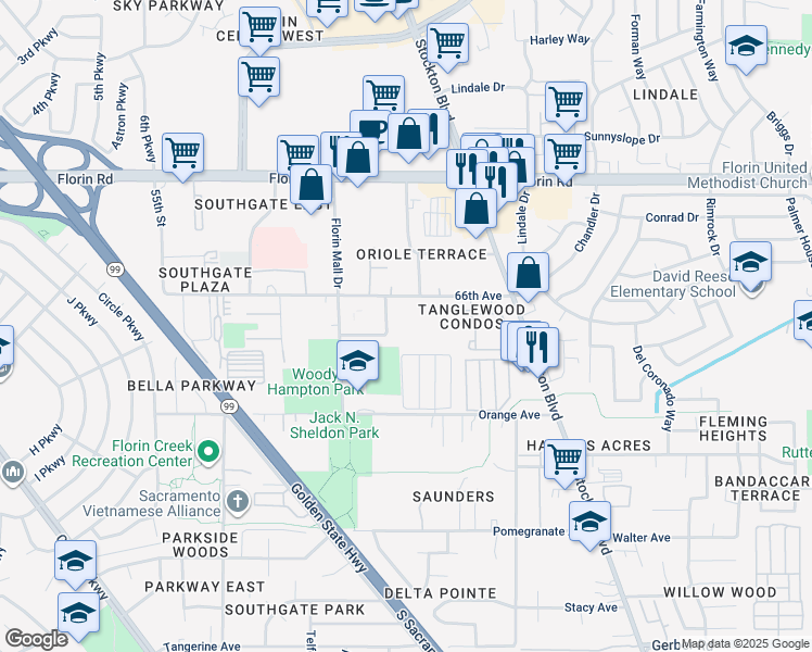 map of restaurants, bars, coffee shops, grocery stores, and more near 6254 66th Ave in Sacramento