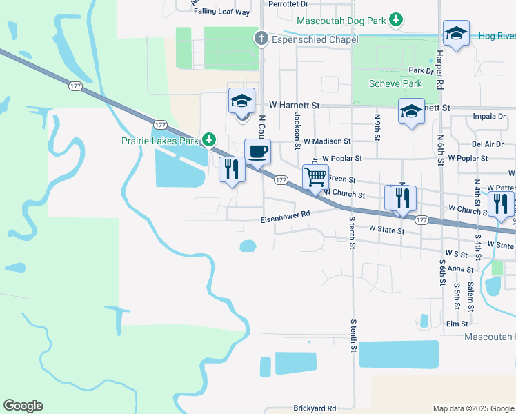 map of restaurants, bars, coffee shops, grocery stores, and more near 105 South County Road in Mascoutah
