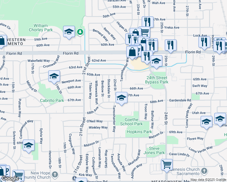 map of restaurants, bars, coffee shops, grocery stores, and more near 7354 22nd Street in Sacramento